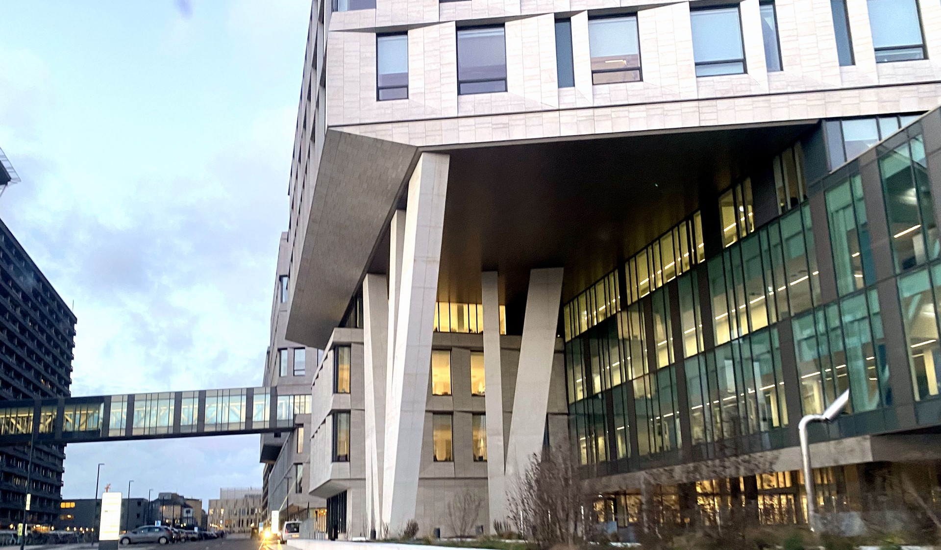 Elevated walkway between buildings at Rigshospitalet, Copenhagen, Denmark