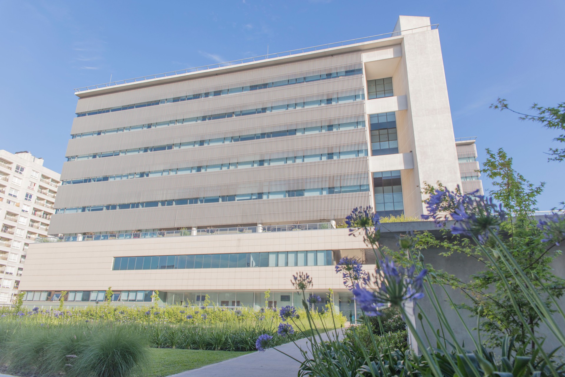 Empty hospital main building facade view from inner garden - Covid-19 Concepts